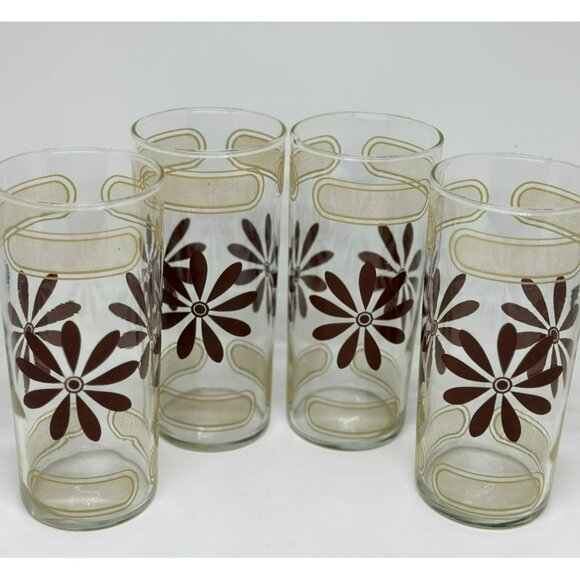 VTG MCM Brown Daisy Glass Tumblers | Set of 4, Gold Geometric Design, 6" Retro - Picture 2 of 5